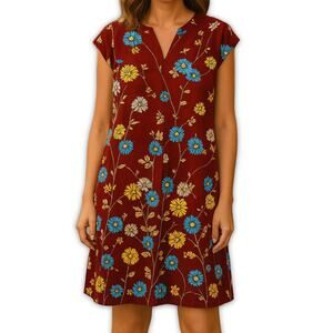 Nani of Hawaii Dress Vintage 70s Floral Shift Hawaiian Red Boho Size M L